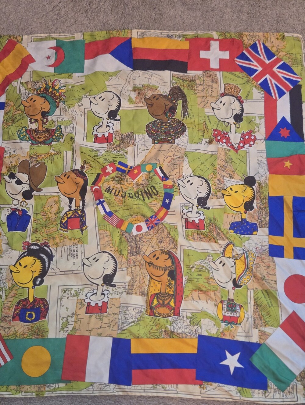 Large Moschino Multicolor Cartoon Olive Oil,Faces & Flags Of The WorldSilk Scarf